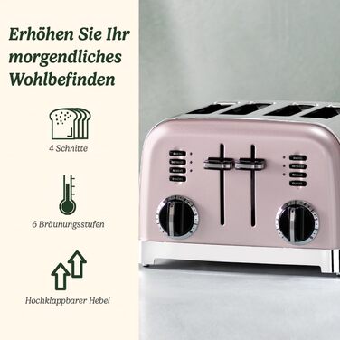 Тостер Cuisinart на 4 скибки, широкі слоти, для товстого хліба та бейгелів, 6 режимів підсмажування, функція розморожування, підйомний важіль, рожевий колір