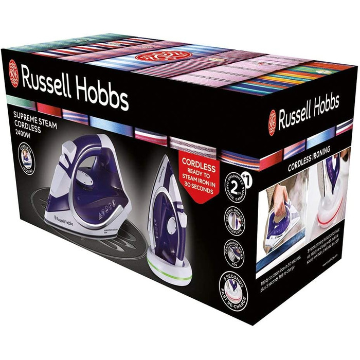 Бездротова праска Russell Hobbs Supreme Steam Cordless 2400 Вт, 135 г/хв, керамічна підошва, 300 мл, паровий удар, база