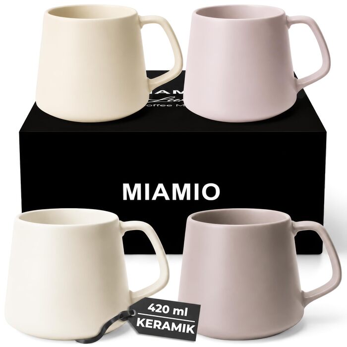 Набір керамічних чашок для кави та чаю MIAMIO Luxe (4 шт, 420 мл), Cream Rose — для капучино та еспресо, підходять для мікрохвильової печі та посудомийки
