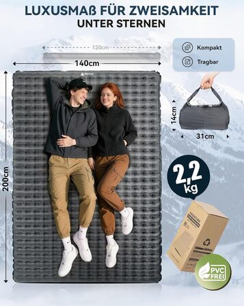Подвійний надувний кемпінговий килимок HIKENTURE 140x200 см, товщина 8 см, R-Value 6.2 для 4 сезонів, термоматрац для походу, тентингу та відпочинку на природі