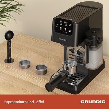 Еспресо-кавоварка GRUNDIG KSM 5330 з молочним контейнером, 1628 Вт, 15 бар, двійна насадка, сенсорний дисплей, BrewSense, CreamyPro, нержавіюча сталь/чорна