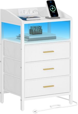 Приліжкова тумба з LED-підсвіткою, USB і розетками, 3 текстильні шухляди, полиці, для спальні та вітальні, біла NS31013W