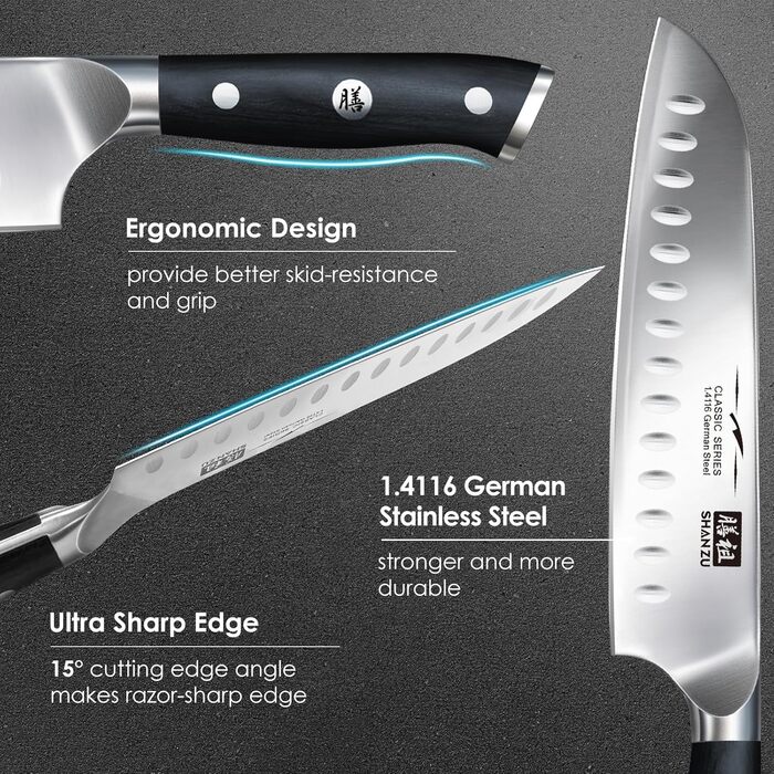 Ніж шеф-кухаря SHAN ZU Santoku: 18 см, нержавіюча сталь, ергономічна ручка, подарункова коробка