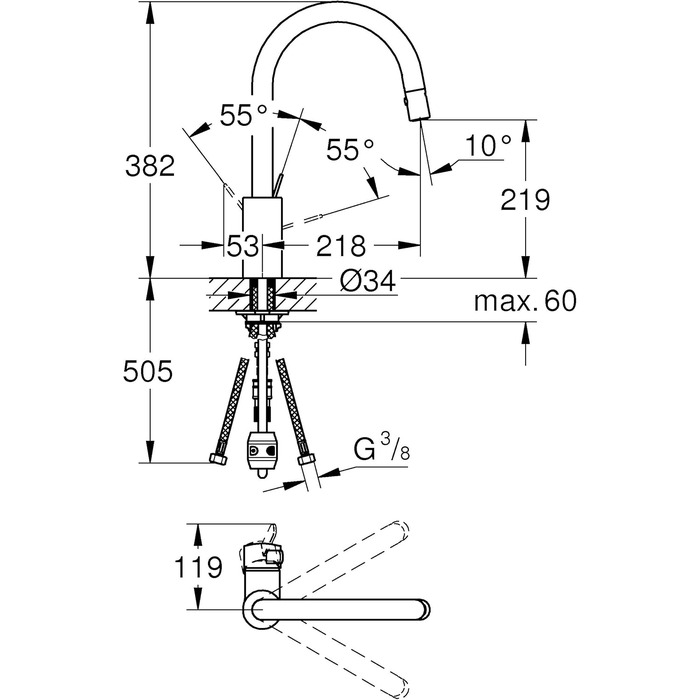 Змішувач кухонний GROHE Eurosmart Cosmopolitan 31180000: високий вилив, висувна лійка, поворот 360°, економія води, хром