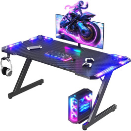 Ігровий стіл JUMMICO з RGB LED-підсвіткою, стійкий комп'ютерний стіл для геймерів та домашнього офісу, з тримачем для навушників та підстаканником, 120 x 60 см, чорний