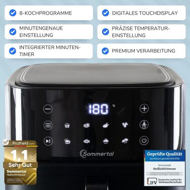 Аерофритюрниця з подвійною камерою Sommertal HF DUAL 900, 9 л, 2850 Вт, з функцією сушіння, сенсорним дисплеєм та 6 програмами, BPA-free