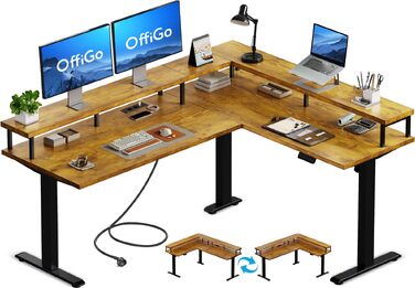 Регульований кутовий стіл OffiGo 150x120 см з розеткою та підставкою під монітор, електричний, коричневий