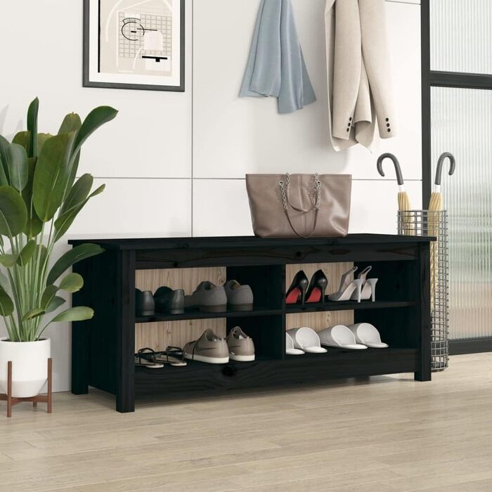 Стійка для взуття vidaXL з сидінням, чорна, масив сосни, 110x38x45.5 см, для коридору та передпокою, з великим місцем для зберігання