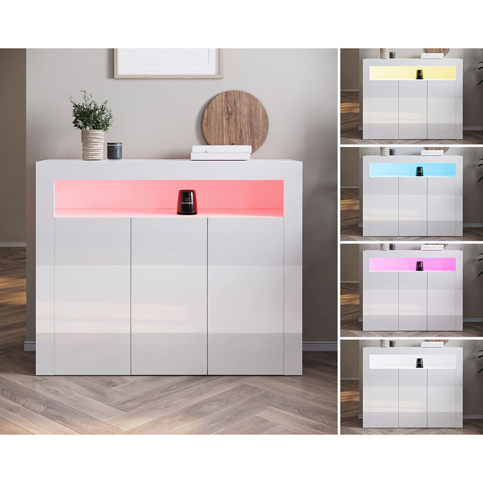 SONNI Комод для кухні з LED-підсвіткою 12 кольорів, чорний глянцевий шафа для зберігання, 90x35x83 см, 1 дверцята, для кухні та вітальні