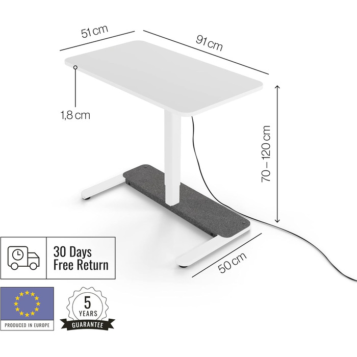 Електричний стіл для дому Desk One, 91x51 см, темно-сірий/чорний, регульована висота, письмовий стіл для офісу, гарантія 5 років