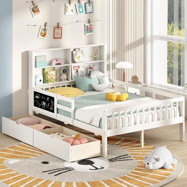 Двоспальне ліжко COSTWAY 140x200 з бортиками, дощечкою для малювання, 2 шухлядами та полицею, біле дерев'яне ліжко для дітей