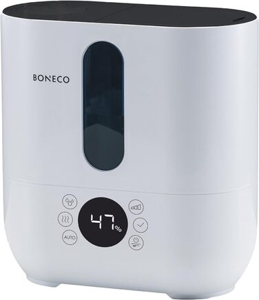 Ультразвуковий зволожувач повітря BONECO U350 з ароматизацією, 5 л, для приміщень до 80 м², автоматичний режим, таймер, функція підігріву, подвійна насадка, водяний фільтр, білий