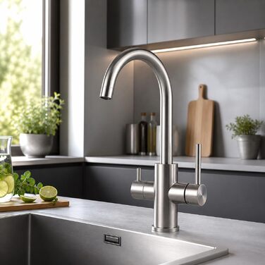 Змішувач кухонний AORA® VANTO INOX з нержавіючої сталі 304 для фільтра води та системи зворотного осмосу, поворотний вилив 360°