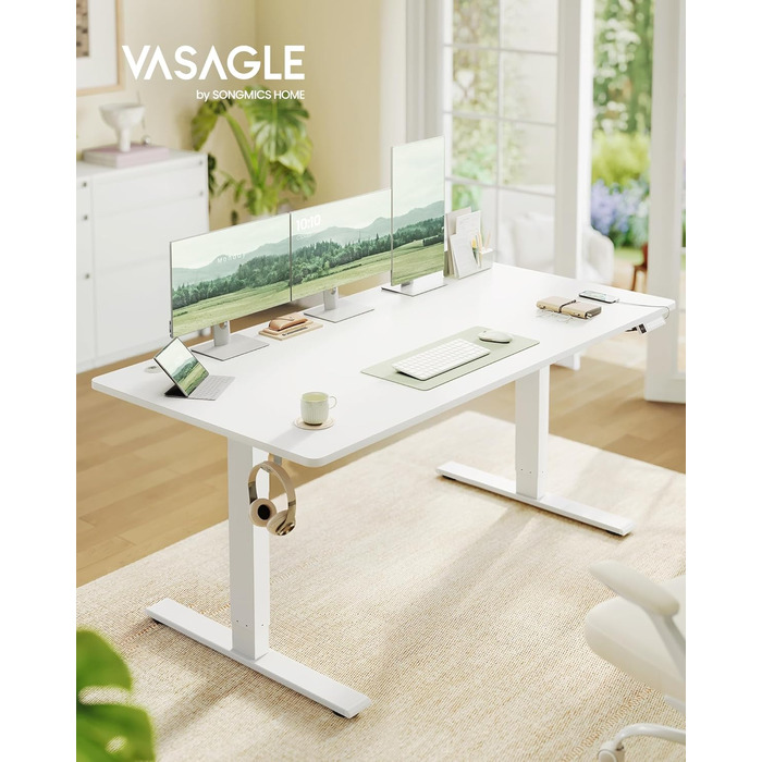 Стол для роботи VASAGLE з регулюванням висоти 160x80 см, USB-C, підставка для розеток, стоячий стіл, нагадування про перерви, 3 пам'яті, для офісу, матовий білий