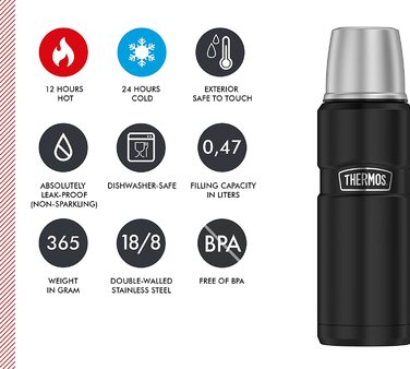 Термос із нержавіючої сталі Thermos 470 мл чорний матовий, ізольована пляшка для напоїв з кришкою-чашкою, зберігає тепло 12 годин і холод 24 години, герметична, без BPA, можна мити в посудомийній машині