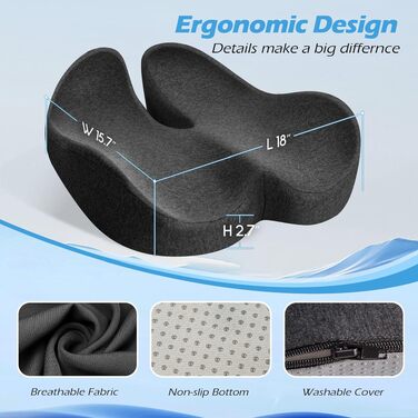 Подушка для офісного крісла Lofty Aim з піни Memory Foam: ортопедична, для попереку, від болю в сідницях, для офісу, авто, літака, інвалідного візка – чорний та темно-сірий