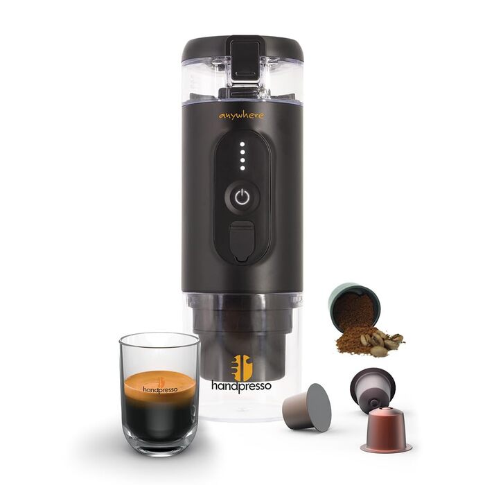 Handpresso E-Presso 21700: Портативна акумуляторна кавомашина для еспресо (капсули/мелена кава) з USB зарядкою, 60 мл