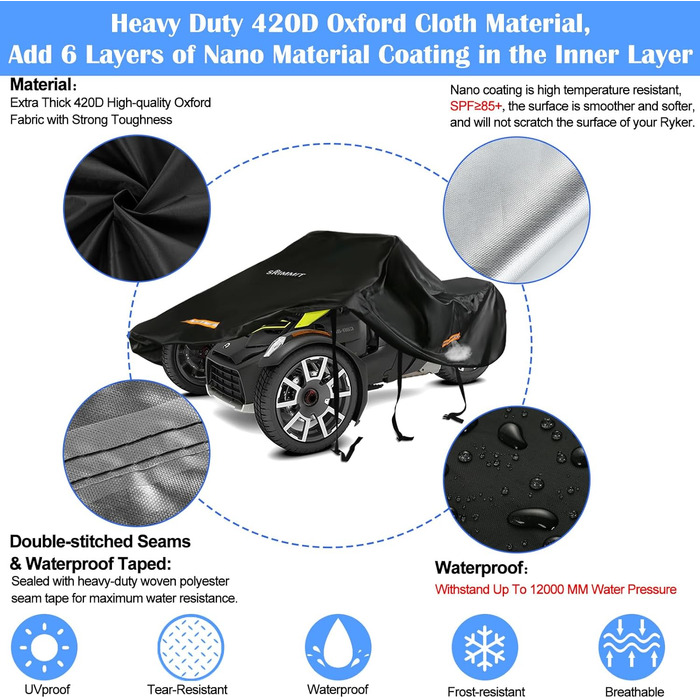 Водонепроникний чохол для Can-Am Ryker 600/900/Sport/Rally, міцний 420D, повна захисна накидка з водостійкими швами, аксесуар для мотоцикла, розмір 264x167x114 см