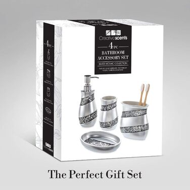 Набір аксесуарів для ванної кімнати Creative Scents – білий та сірий (4 шт.) – мильниця, дозатор мила, тримач для зубних щіток, чашка (срібло)