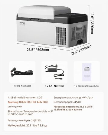 Автомобільний компресорний холодильник VEVOR 20L портативний, для авто та подорожей