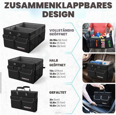 Органайзер у багажник автомобіля FORTEM (85л) — складана сумка-контейнер з відділеннями, протиковзаючим дном та ременями фіксації, чорний, розмір S
