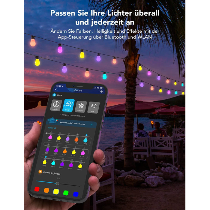 Розумний LED-гірлянда Govee для вулиці, WiFi, RGBICW, водонепроникна IP65, керування через Alexa, Google Assistant і додаток, 47 режимів, 15 ламп, 15 м