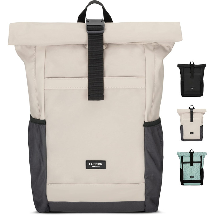 Жіночий рюкзак LARKSON Rolltop No 2, великий, водостійкий, антивандальний, для школи, університету, роботи, велосипеду, відсік для ноутбука 16'', еко-матеріал, бежево-сірий