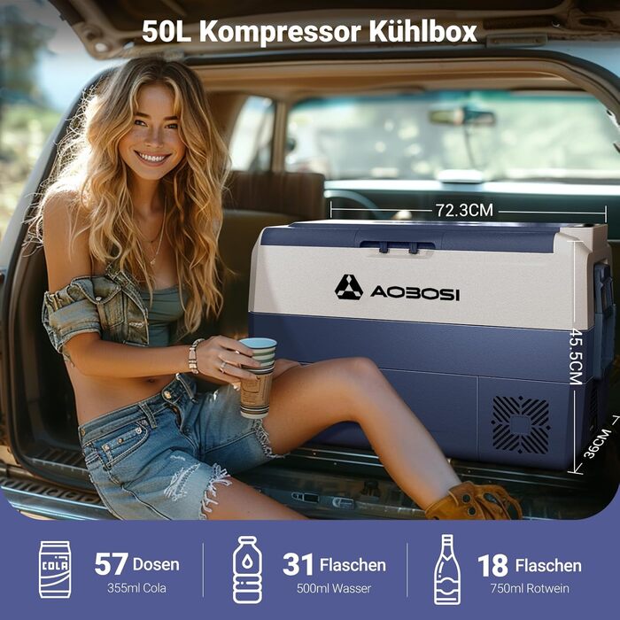 Автомобільний компресорний холодильник AAOBOSI 50л з Wi-Fi, 12/24V та 220V, -20°C для авто, кемпінгу, вантажівок, з двома зонами охолодження