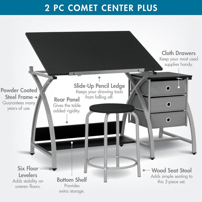 Набір стіл для малювання та стілець SD Studio Designs Comet Center Plus з регульованою стільницею та місцем для зберігання, сталь, сріблястий/чорний, 50x60x75 см