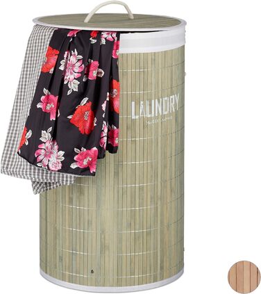 Кошик для білизни Relaxdays з бамбука, 50 л, круглий, з кришкою, знімний мішок, складаний, зелений, 60x35 см