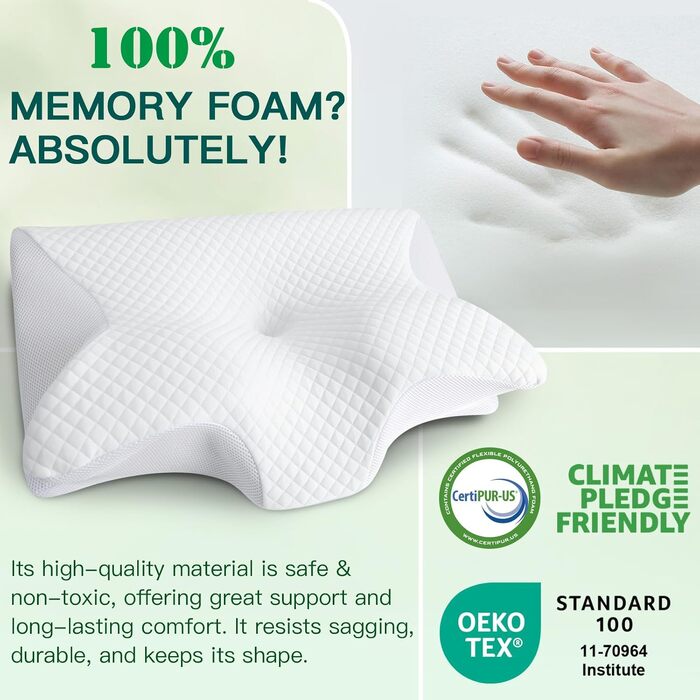 Подушка для шиї з піни Memory Foam 2-в-1, ергономічна, 60x40x12/14 см, біла - для спини, боку та живота