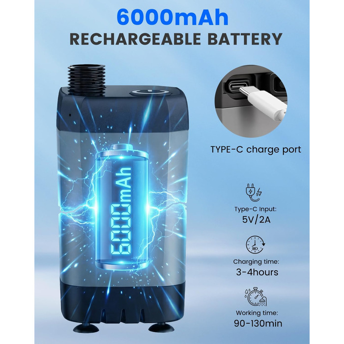 Портативний кемпінговий душ Tonfarb з насосом та акумулятором 6000mAh, мобільний душ для подорожей, кемпінгу, автодому та миття собак, з цифровим дисплеєм та шлангом 2м