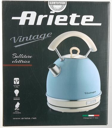 Електрочайник Ariete Vintage 2877, ретро дизайн, 1,7 л, 2000 Вт, нержавіюча сталь, видимий рівень води, автоматичне вимкнення, бездротовий 360° підставка, ергономічна ручка, блакитний