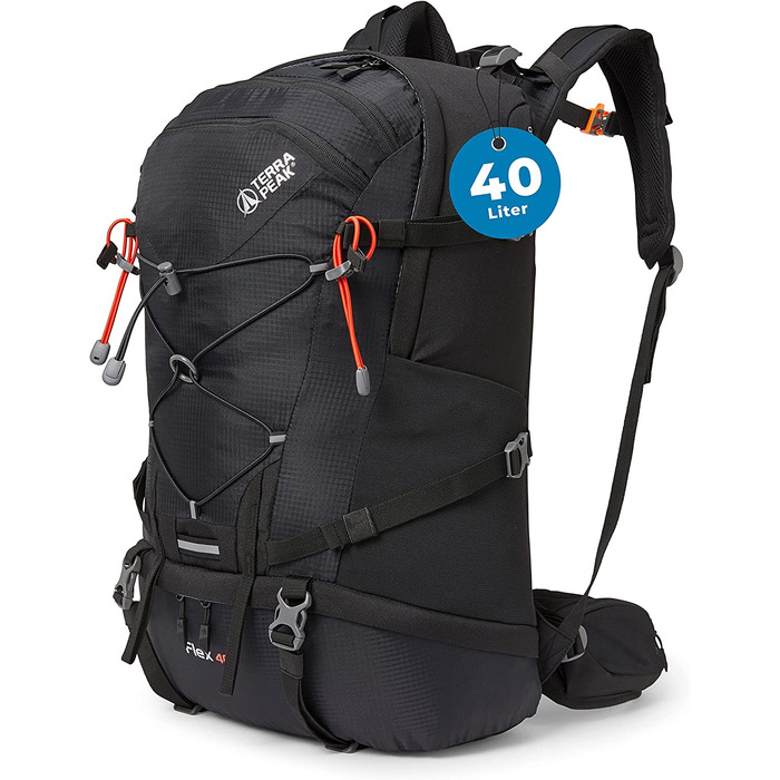 Туристичний рюкзак Terra Peak Flex 40L чорний, з вентиляцією спини, регочохлом і кріпленням для питної системи, 3D Air Mesh, для походів, з поясом, преміум-якість
