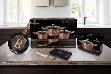 Набір каструль Berlinger Haus Rose Gold, 10 предметів, антипригарне покриття, PFOA-free, мармурове покриття, алюміній, індукція, газ, склокераміка, 3 каструлі з кришками, 2 сковорідки, підставки, Metallic Line