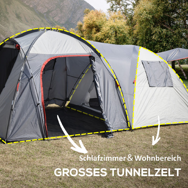 Outsunny Camping Tent 5-місний тунельний намет зі спальнею, сумка для перенесення, водяний стовп 2000 мм, сітчасте вікно, сірий