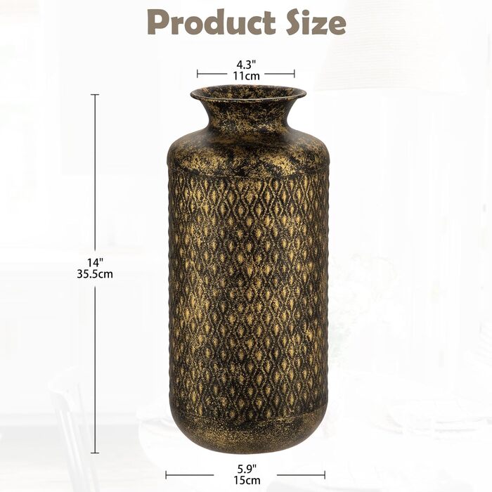 Ваза для квітів Blumenvase золота 40 см, металева декоративна ваза з білим візерунком для сухоцвітів, букетів, на стіл, в офіс