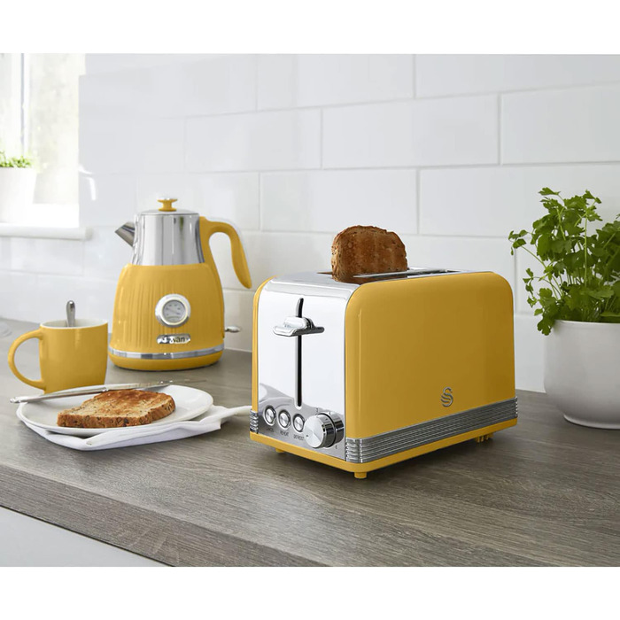 Тостер Swan Retro ST19010, 2-слотовий, широкий, 815 Вт, 6 режимів, нержавіюча сталь, жовтий, ретро-дизайн, розморожування, підігрів, скасування