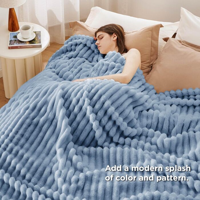 BEDSURE Плед великий 220x240 см, вовняний, флісовий, для дивана та кімнати, теплий, м'який, небесно-блакитний