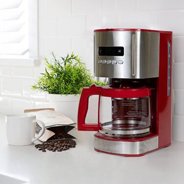 Кавоварка Kenmore на 12 чашок, 1,8 л, програмована, з таймером, швидким заварюванням, багаторазовим фільтром, скляною колбою, цифровим дисплеєм, вугільним водяним фільтром, червона