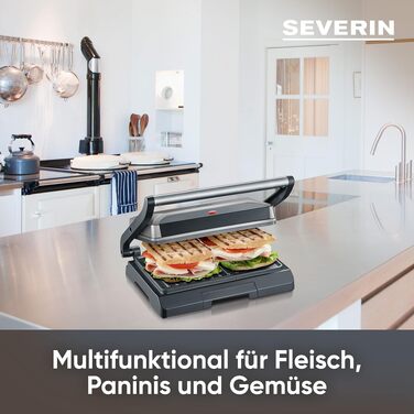 Компактний контактний гриль-сендвічниця SEVERIN KG 2394 Multigrill для паніні та стейків, антипригарне покриття, 800 Вт, металік/чорний