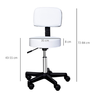 Поворотний табурет HOMCOM Work Stool регульований по висоті зі спинкою для офісу, білий Φ35 x H72-84 см