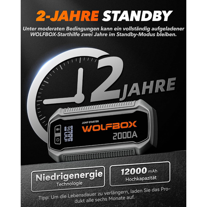 Бустер для автомобіля WOLFBOX 2000A: пусковий пристрій для 12В авто (бензин до 10л, дизель до 10л)
