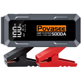 Бустер автозапуску Povasee Starthilfe Powerbank 5000A для бензинових та дизельних двигунів (до 10л), пусковий пристрій 12V з LCD-дисплеєм, USB-портами та LED-ліхтарем, сірий