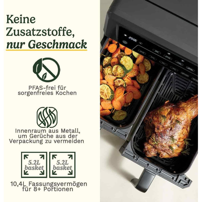 Фритюрниця Cuisinart XXL 10.4L з двома зонами нагріву | Без PFAS та хімікатів | Для смаження, грилю, випікання, дегідратації та підтримання тепла | 2 x 5.2L, 8+ порцій | Знімні деталі, придатні для миття в посудомийній машині (2 камери + скло)