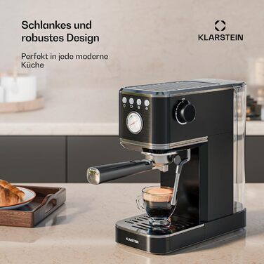 Кавоварка рожкова Klarstein SteelPresso Slim, 20 Бар, 1350 Вт, 1,2 л, парова насадка, нержавіюча сталь, компактна, легке очищення, чорна