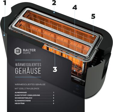 Тостер Balter TS-04-LCD на 4 тости, довгий слот, нержавіюча сталь, підставка для булочок, LCD-дисплей з таймером, функція розморожування, автоматичне центрування хліба, висувний піддон для крихт, чорний
