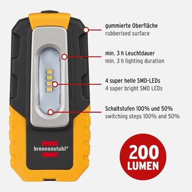 Акумуляторний LED ліхтар Brennenstuhl HL DA 40 MH з магнітом і перемикачем, 200 лм, до 3 годин роботи, складана підставка