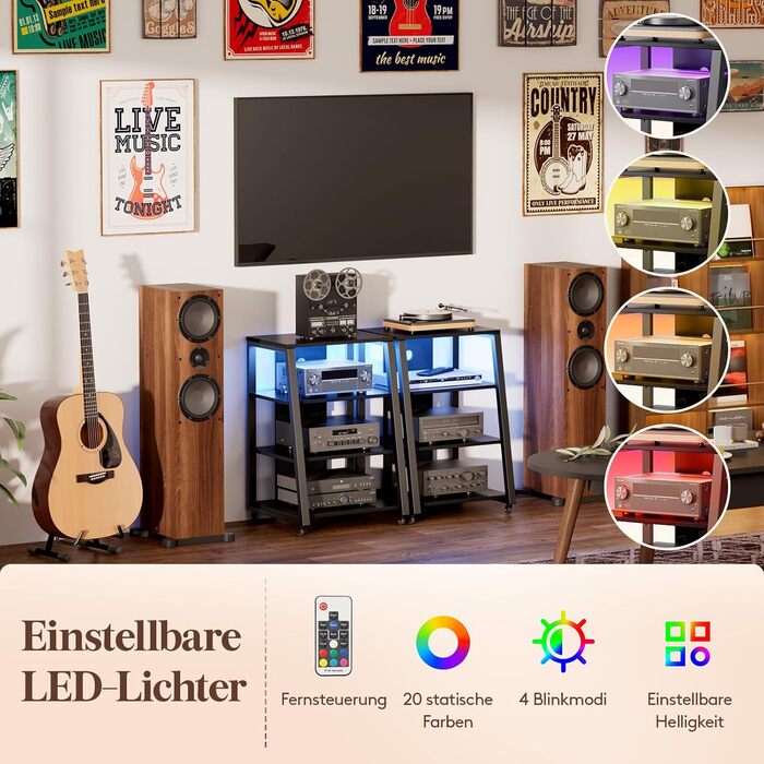Polycote HiFi тумба з полицями на колесах, регульовані полиці, стійка для програвача з розетками та LED підсвіткою, коричнево-чорна, 60x55x90 см