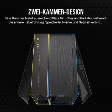 Комп'ютерний корпус CORSAIR 2500D Airflow mATX, двокамерний, без вентиляторів, підтримка зворотного підключення материнської плати, чорний, для високої гнучкості охолодження